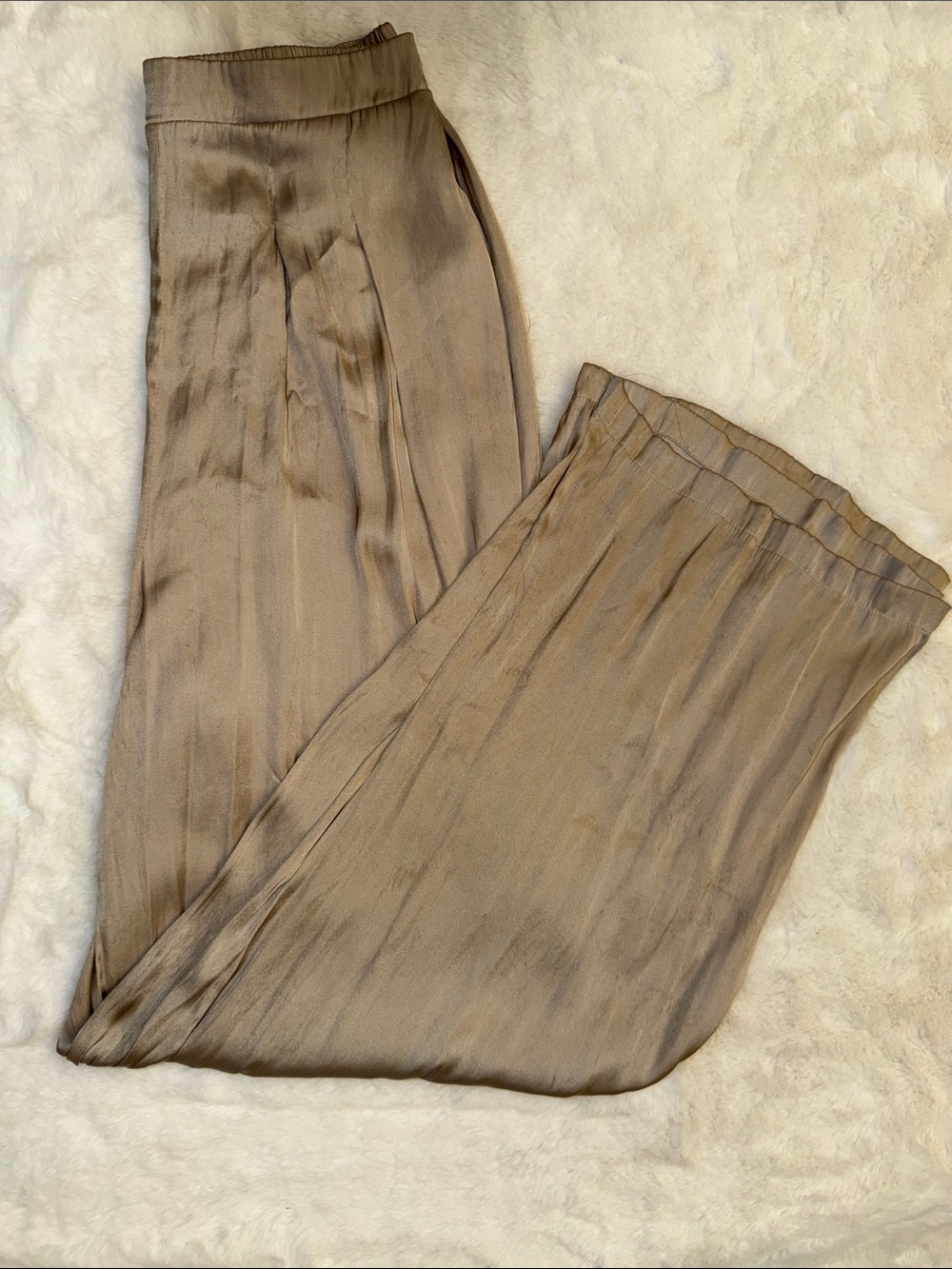Sincerely Jules Wide Leg Satin Pleated Pants — Taupe